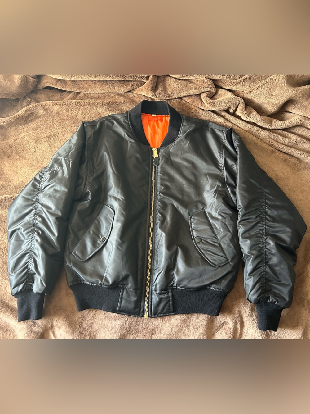 Men's Cropped Black Bomber Jacket with Orange Lining